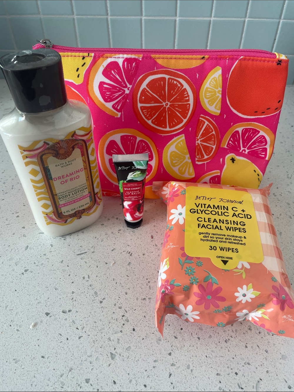 Bundle -Clinique Makeup bag, BBW lotion, Betsey Johnson face wipes, and lip balm
